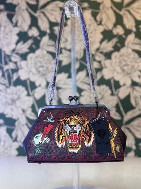 Ed Hardy Burgundy Shoulder Bag with Embroidered Tiger
